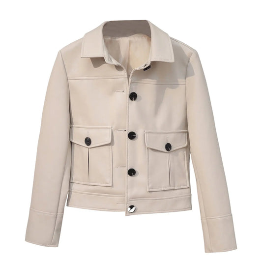 Women's Beige/ Creame Genuine Sheepskin New York Biker Leather Jacket, Motorcycle Sporty, Single Breasted Style Hide Crafts