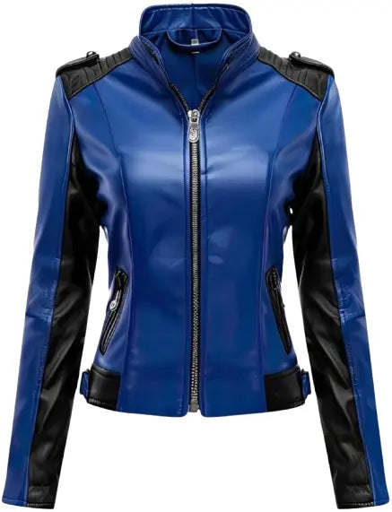 Women's Black Biker Genuine Sheepskin Leather Moto Jacket with Stand Collar, Rider Slim Fit Hide Crafts