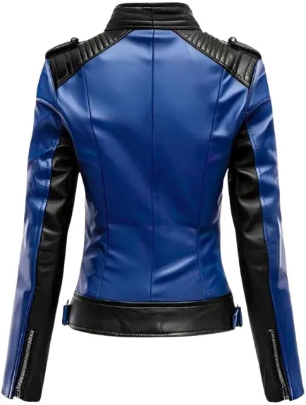 Women's Black Biker Genuine Sheepskin Leather Moto Jacket with Stand Collar, Rider Slim Fit Hide Crafts