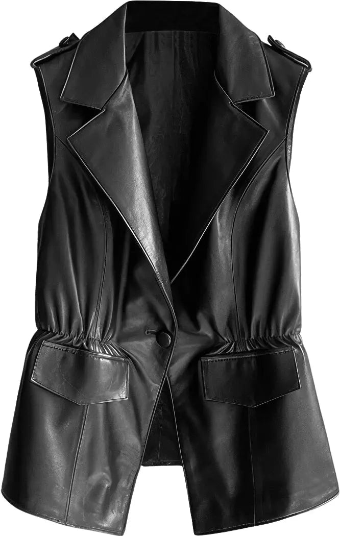 Women's Black Genuine Sheepskin Notched Lapel Collar Leather Sleeveless Vest Hide Crafts