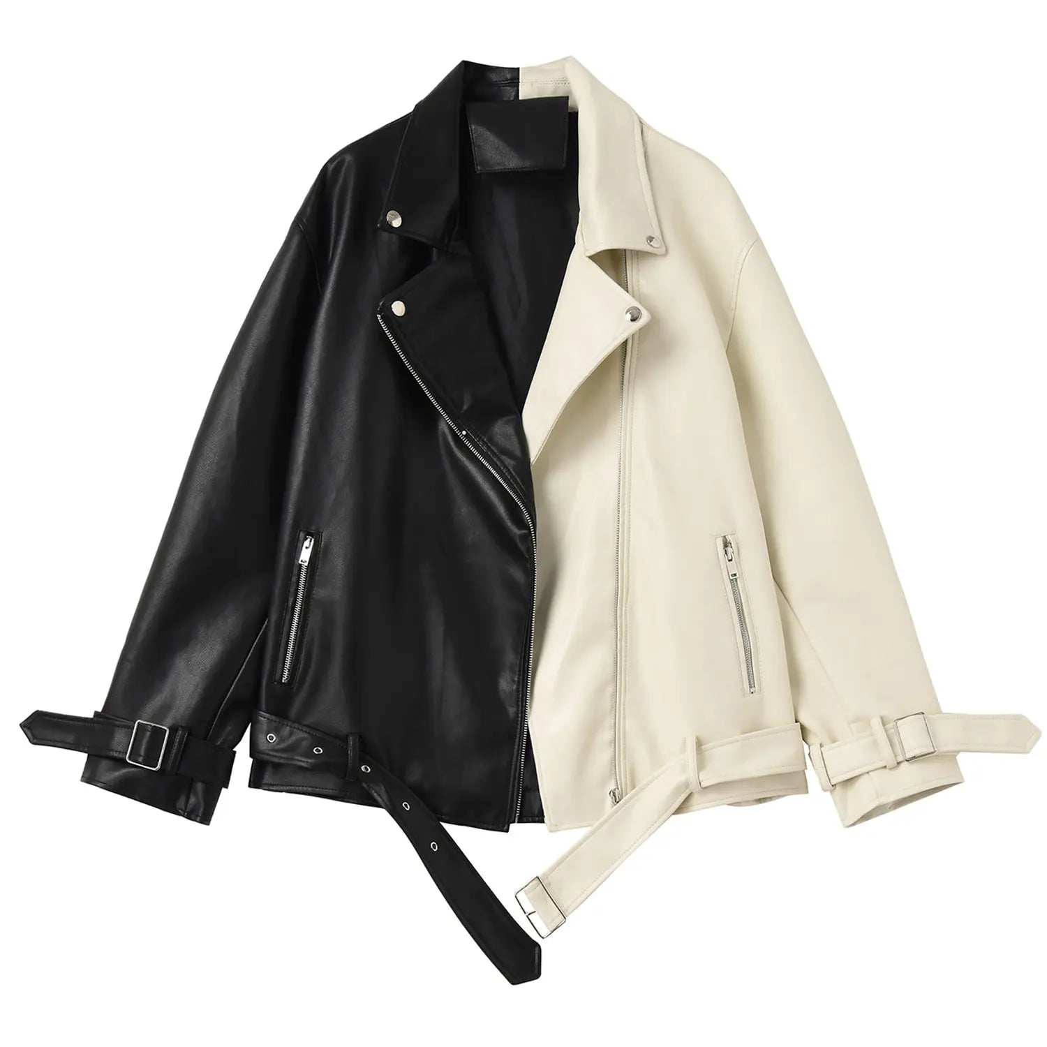 Women's Black & Beige Genuine Sheepskin Leather Jacket Moto Asymmetric Zip Front Oversized Fit Style Hide Crafts