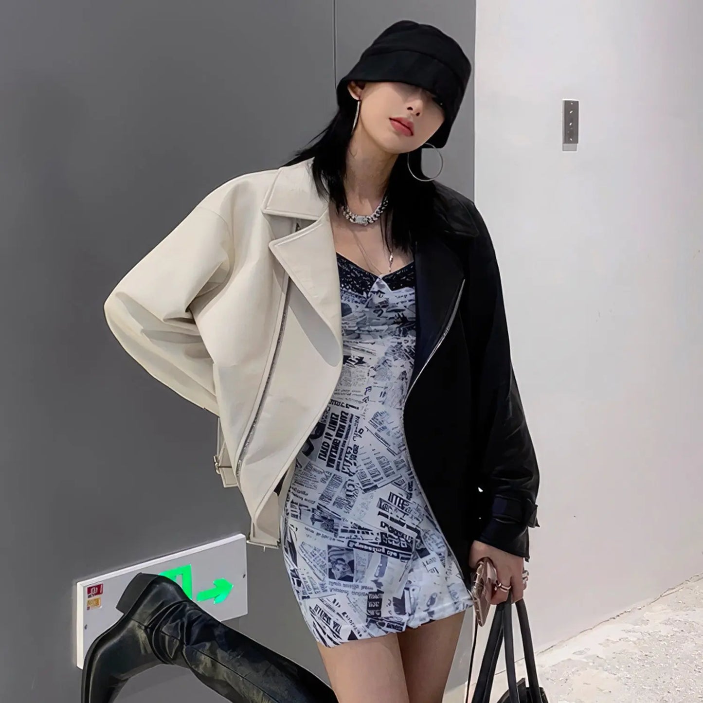 Women's Black & Beige Genuine Sheepskin Leather Jacket Moto Asymmetric Zip Front Oversized Fit Style Hide Crafts