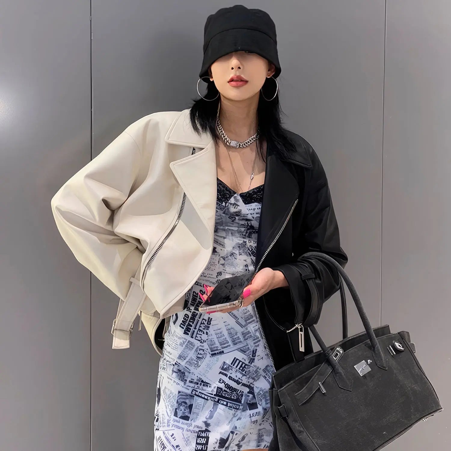 Women's Black & Beige Genuine Sheepskin Leather Jacket Moto Asymmetric Zip Front Oversized Fit Style Hide Crafts