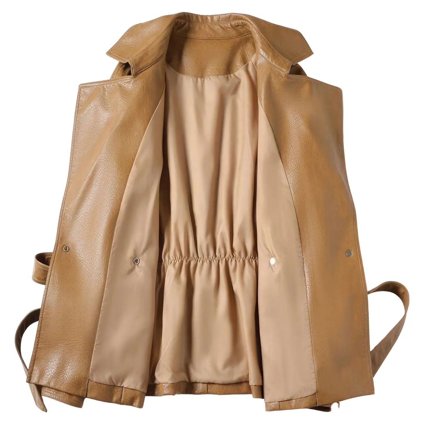 Women's Brown Sheepskin Leather Jacket with Double-Breasted Design, Slim Fit, Belted Waist Style Hide Crafts