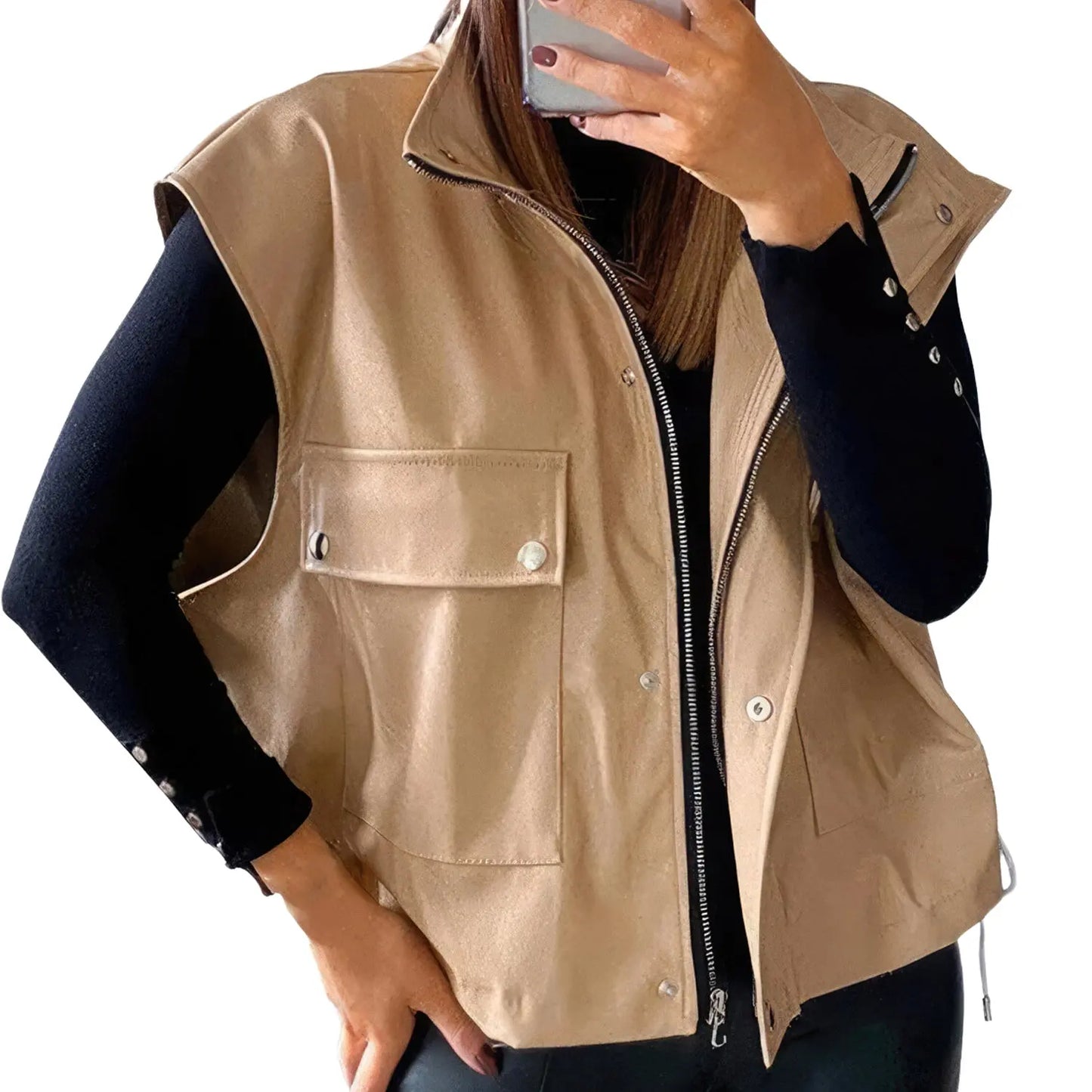 Women’s Fawn Brown Biker Sleeveless Vest Moto Café Racer ll Casual Loose Leather Waistcoat ll Genuine Sheepskin Stand Collar Hide Crafts
