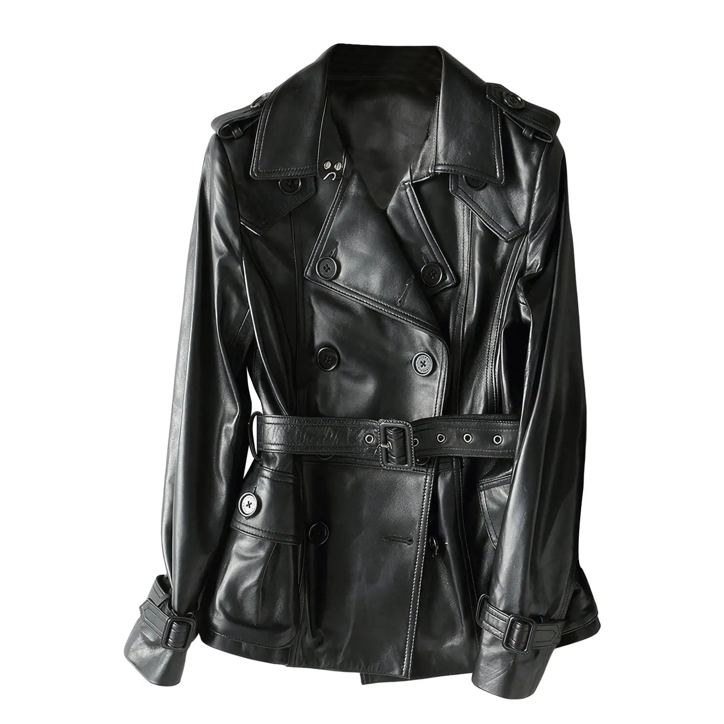 Women's Real Leather Trench Coat with Belt (Black) Hide Crafts