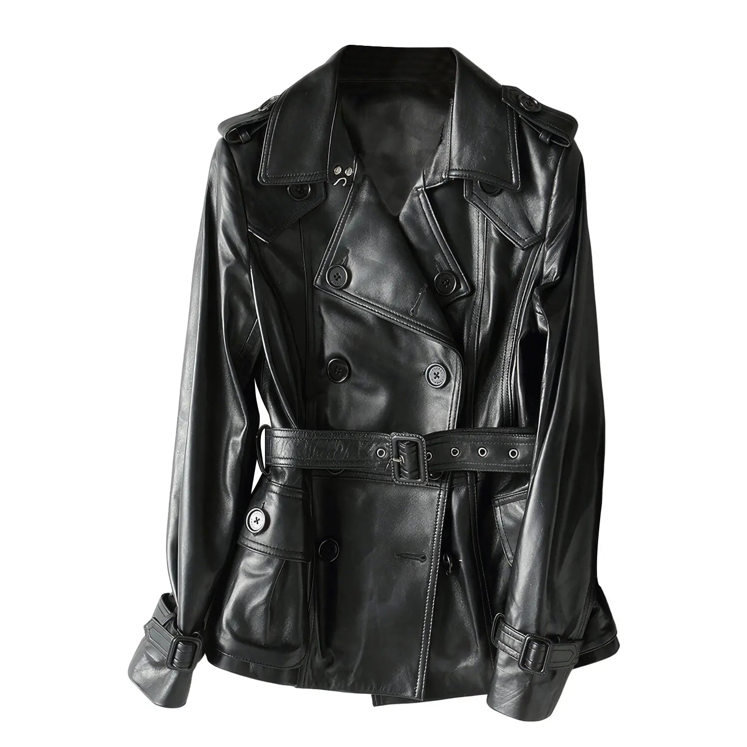 Women's Real Leather Trench Coat with Belt (Black) Hide Crafts