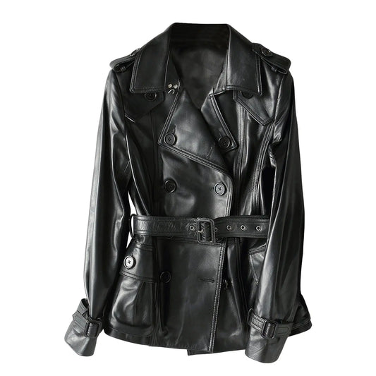 Women's Real Leather Trench Coat with Belt (Black) Hide Crafts
