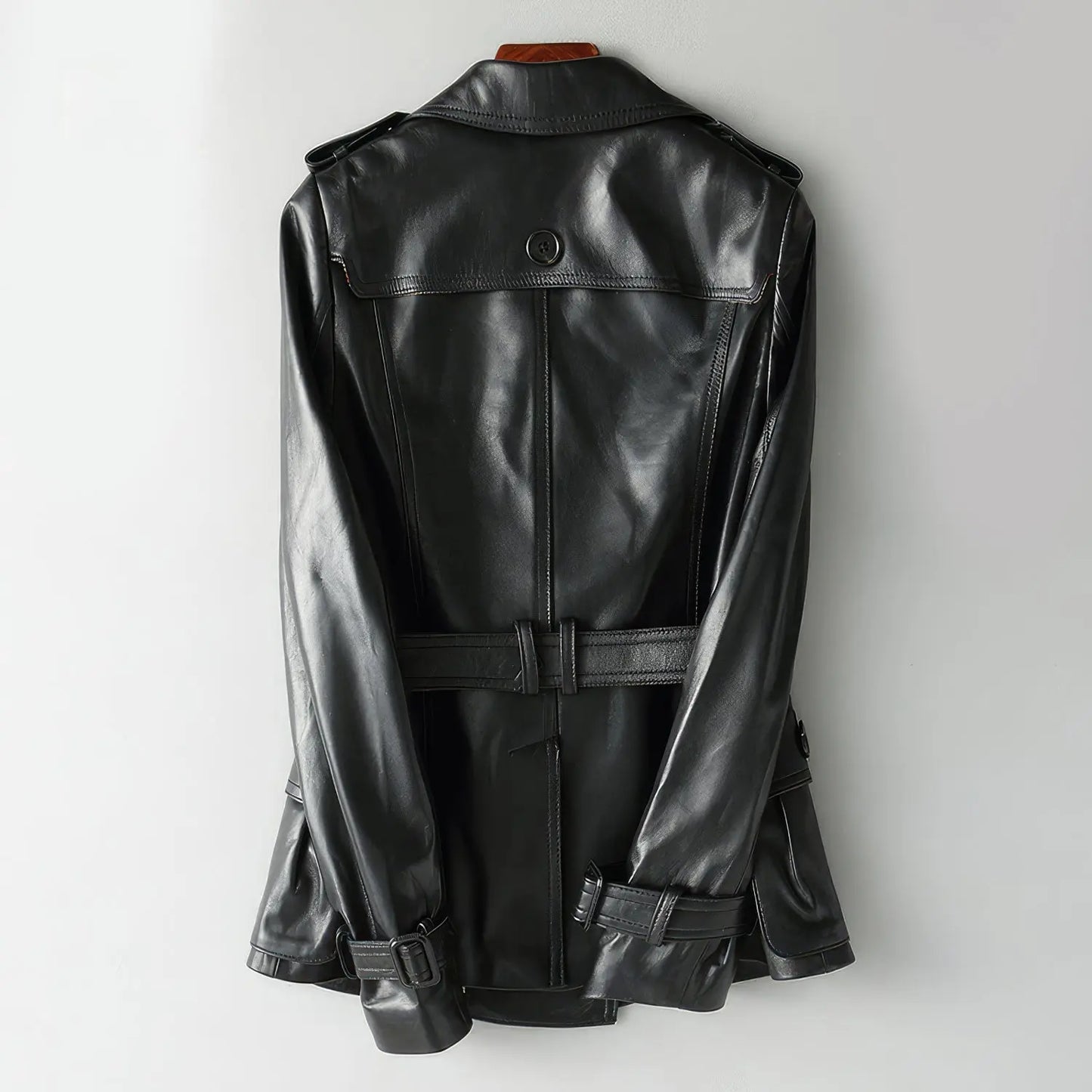 Women's Real Leather Trench Coat with Belt (Black) Hide Crafts