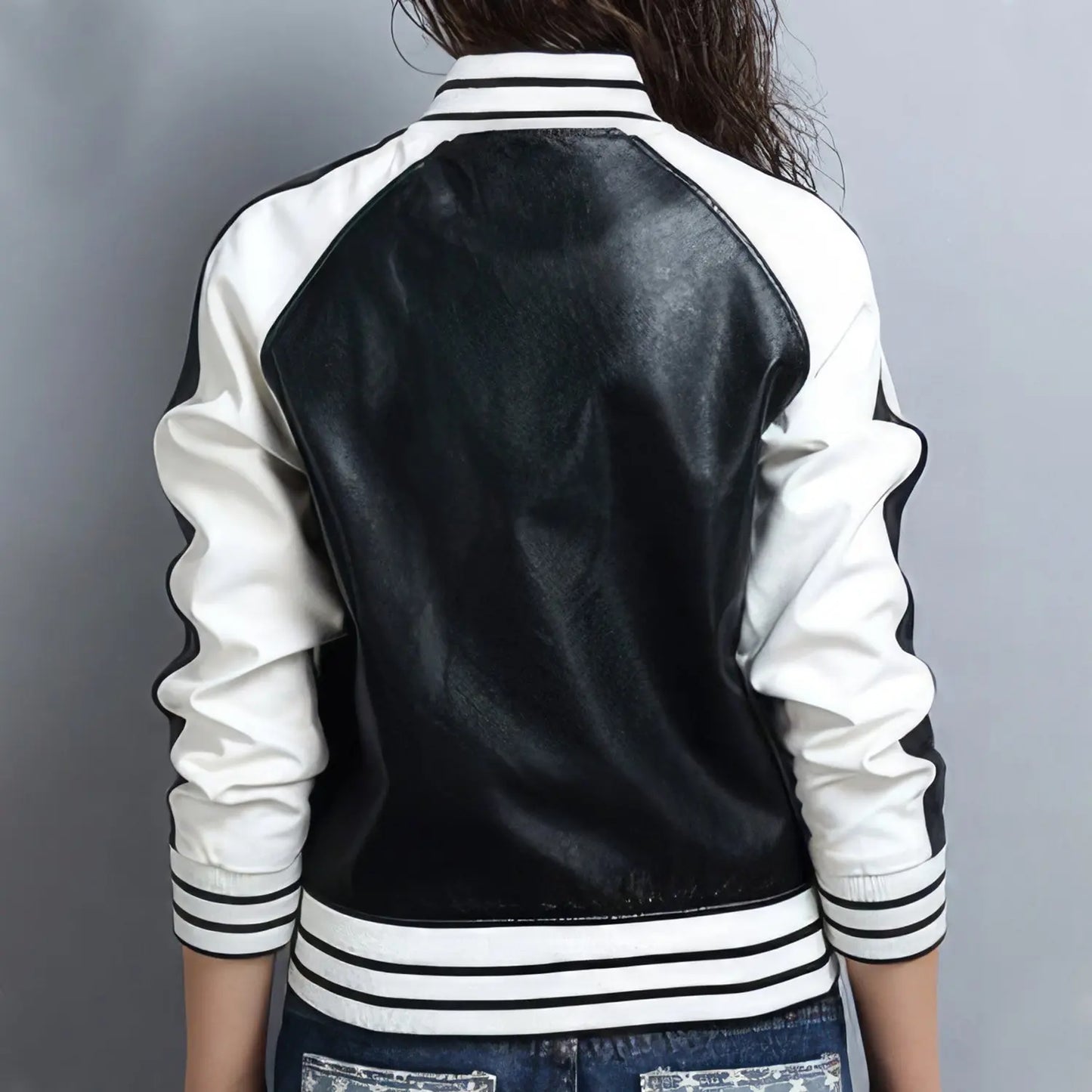 Women's Real Sheepskin Leather Varsity Jacket ll Rib Knit Collar and Cuffs Hide Crafts