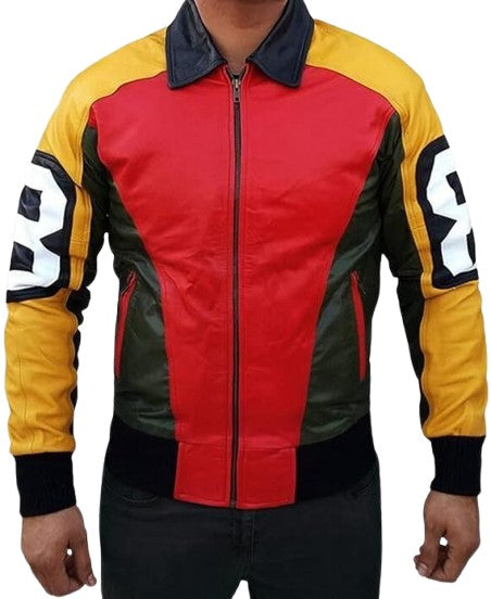 Men's Color Block Bomber Jacket, Red and Yellow with Navy Collar, Zip Front