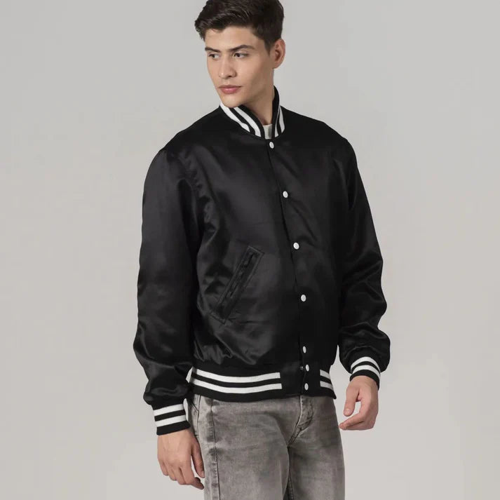 Men's Black Satin Varsity Jacket FREE SHIPPING
