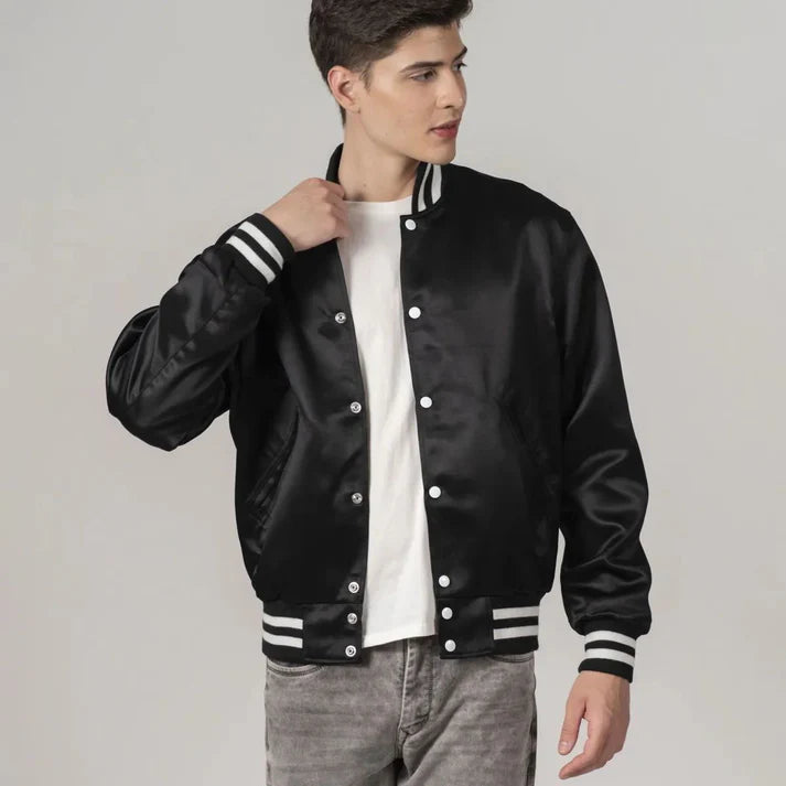 Men's Black Satin Varsity Jacket FREE SHIPPING