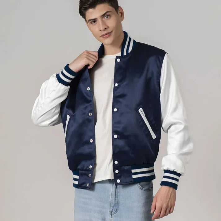 Men's Navy Blue Satin Jacket With White Sleeves FREE SHIPPING