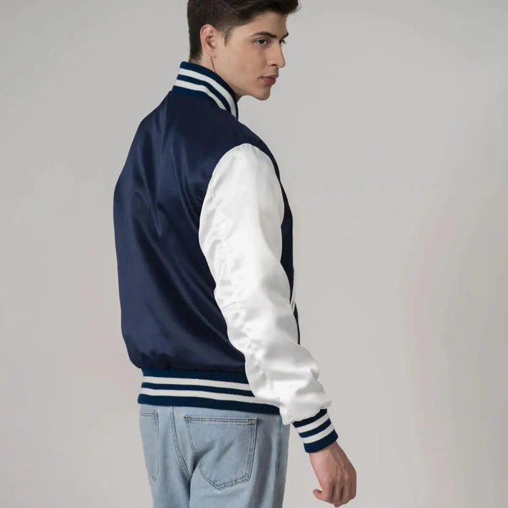Men's Navy Blue Satin Jacket With White Sleeves FREE SHIPPING