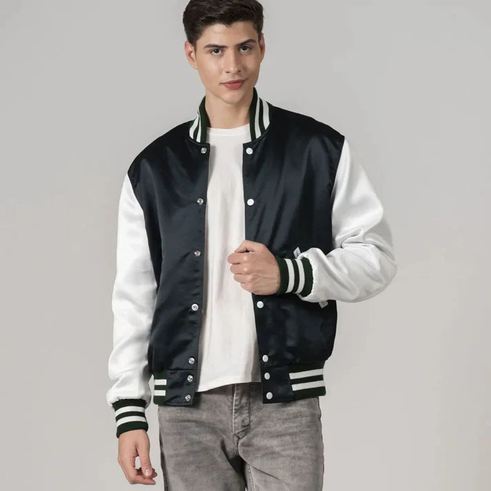 Men's Green Blue Satin Jacket With White Sleeves FREE SHIPPING