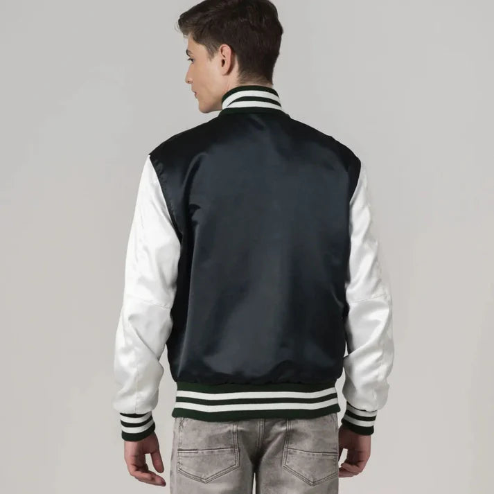 Men's Green Blue Satin Jacket With White Sleeves FREE SHIPPING
