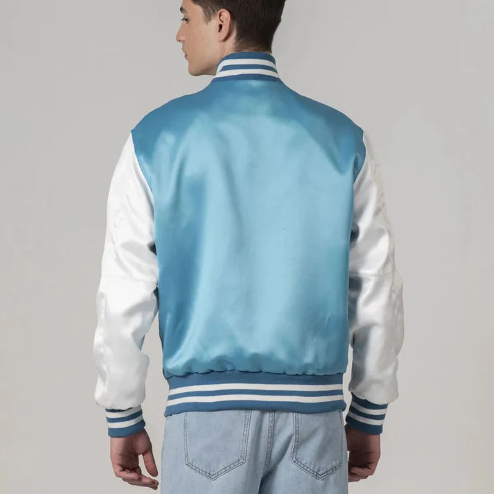 Men's Light Sky Blue Satin Varsity Bomber Jacket With White Sleeves
