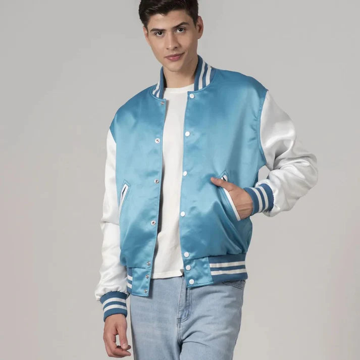 Men's Light Sky Blue Satin Varsity Bomber Jacket With White Sleeves