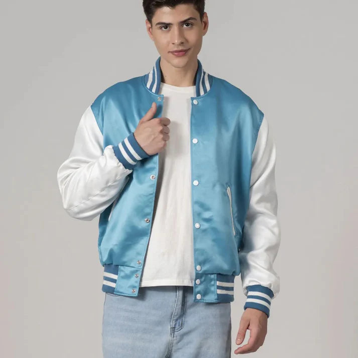 Men's Light Sky Blue Satin Varsity Bomber Jacket With White Sleeves
