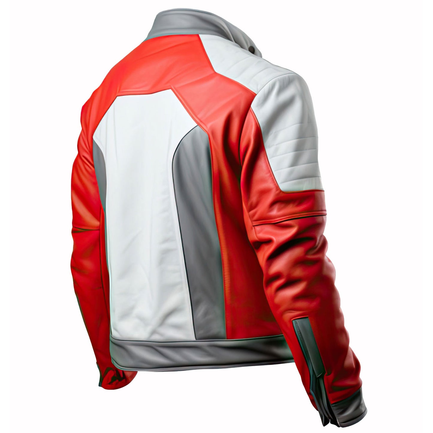 Mens Red And Grey Genuine Sheepskin Stand Collar Leather Jacket