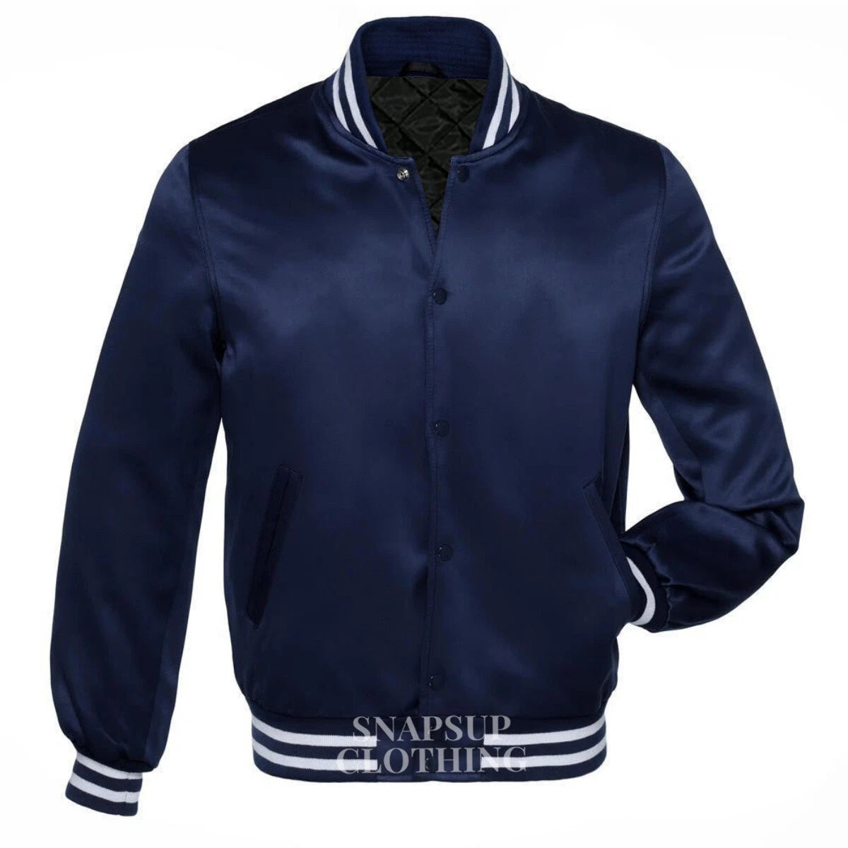 Men's Navy Blue Full-snap Satin Bomber Style Baseball Letterman Varsity Jacket