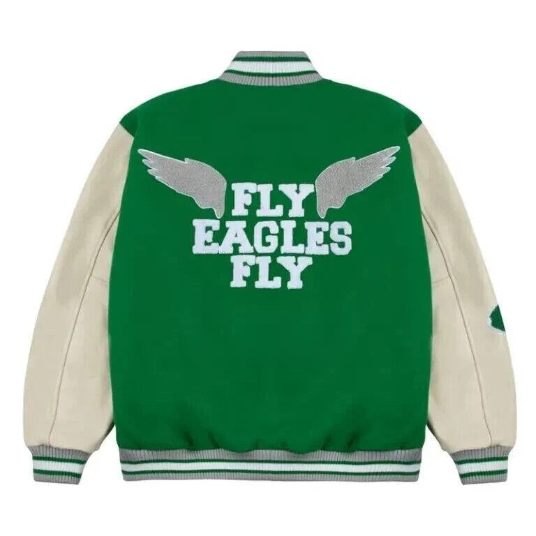 Philadelphia Eagles GOLF WANG Kelly Green Letterman Wool Jacket with leather arms