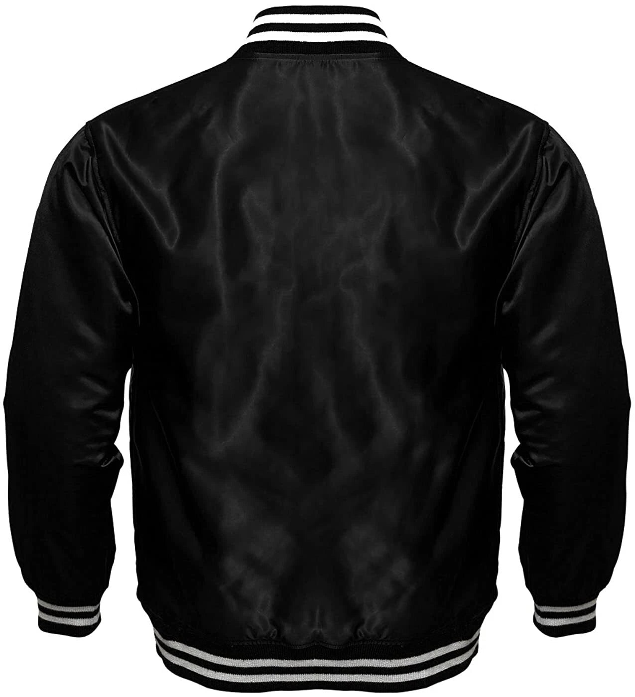 Men's Black Satin Jacket Bomber Style Baseball Letterman Varsity Jacket