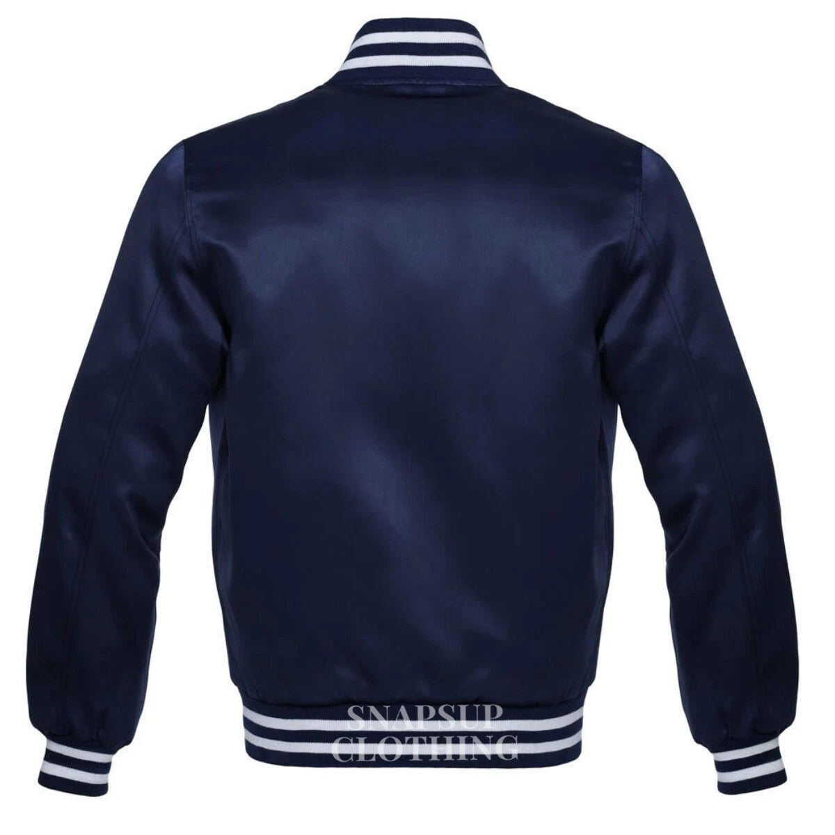 Men's Navy Blue Full-snap Satin Bomber Style Baseball Letterman Varsity Jacket