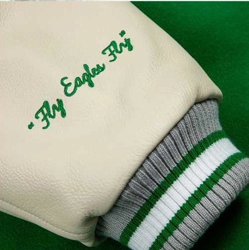 Philadelphia Eagles GOLF WANG Kelly Green Letterman Wool Jacket with leather arms