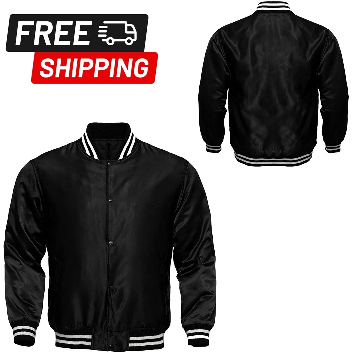 Men's Black Satin Jacket Bomber Style Baseball Letterman Varsity Jacket