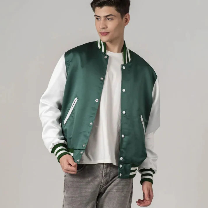 Men'sGreen Satin Varsity Bomber Jacket With White Sleeves