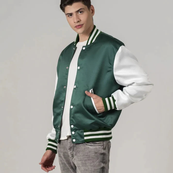 Men'sGreen Satin Varsity Bomber Jacket With White Sleeves