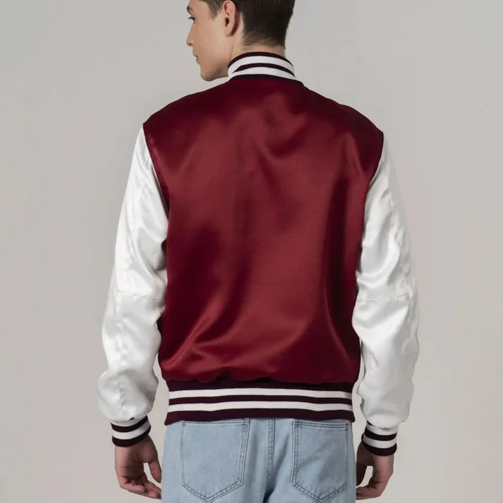 Men's Red Satin Varsity Bomber Jacket With White Sleeves