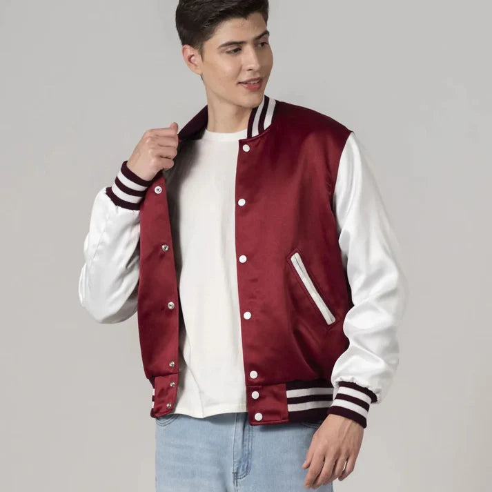 Men's Red Satin Varsity Bomber Jacket With White Sleeves
