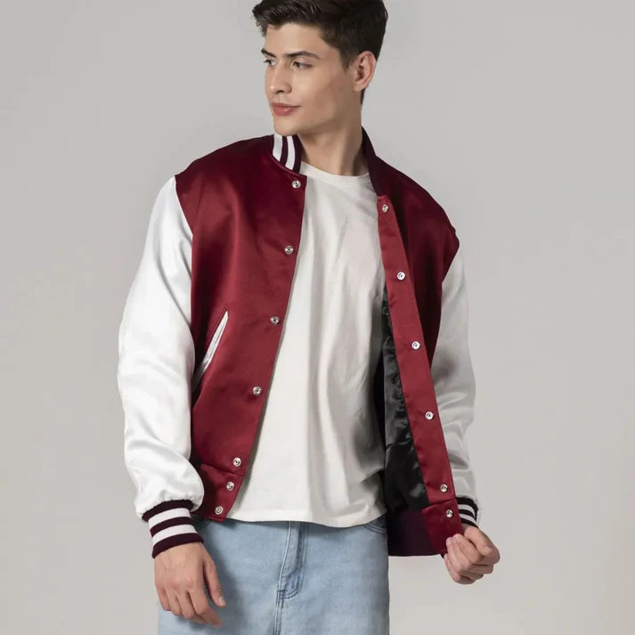 Men's Red Satin Varsity Bomber Jacket With White Sleeves