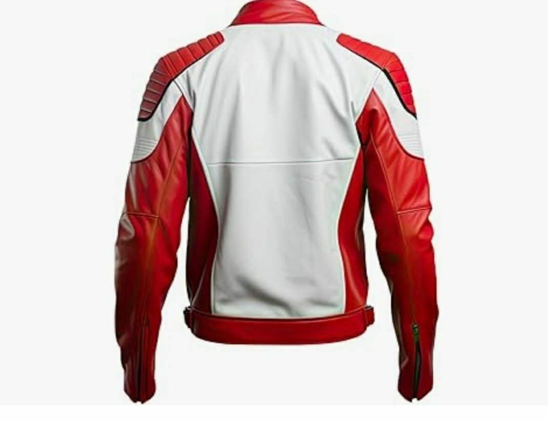 Motorcycle Racing Jacket, Red and White, Leather, Padded Shoulders, Full Zip Front - Hide Crafts