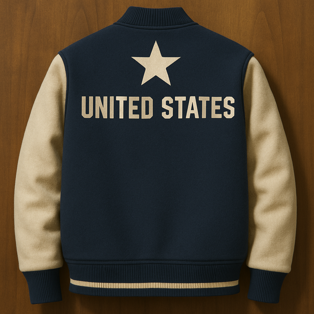 American Flag Varsity Jacket, USA Stars and Stripes Design, Navy Blue and Cream, Patriotic Baseball Letterman Jacket