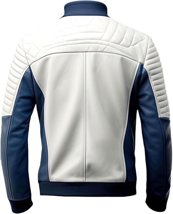 Men's Quilted Leather Motorcycle Jacket, White and Navy Blue, Full Zip Front, Ribbed Collar - Hide Crafts