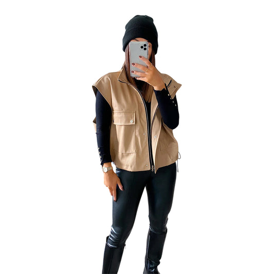 Women’s Casual Loose Vest Fawn Brown Biker Sleeveless Vest Moto Café Racer ll Casual Loose Leather Waistcoat ll Genuine Sheepskin Stand Collar