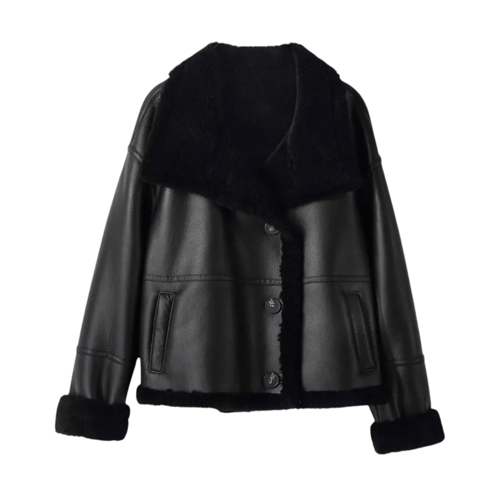 Women Winter Leather Real Wool Jacket Loose Fit Warm Sheep Fur Lining Overcoat Single Breasted Motorcycle Biker Coat