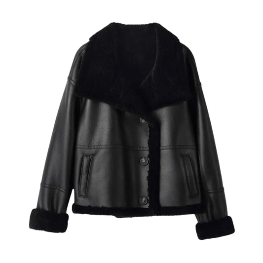 Women Winter Leather Real Wool Jacket Loose Fit Warm Sheep Fur Lining Overcoat Single Breasted Motorcycle Biker Coat