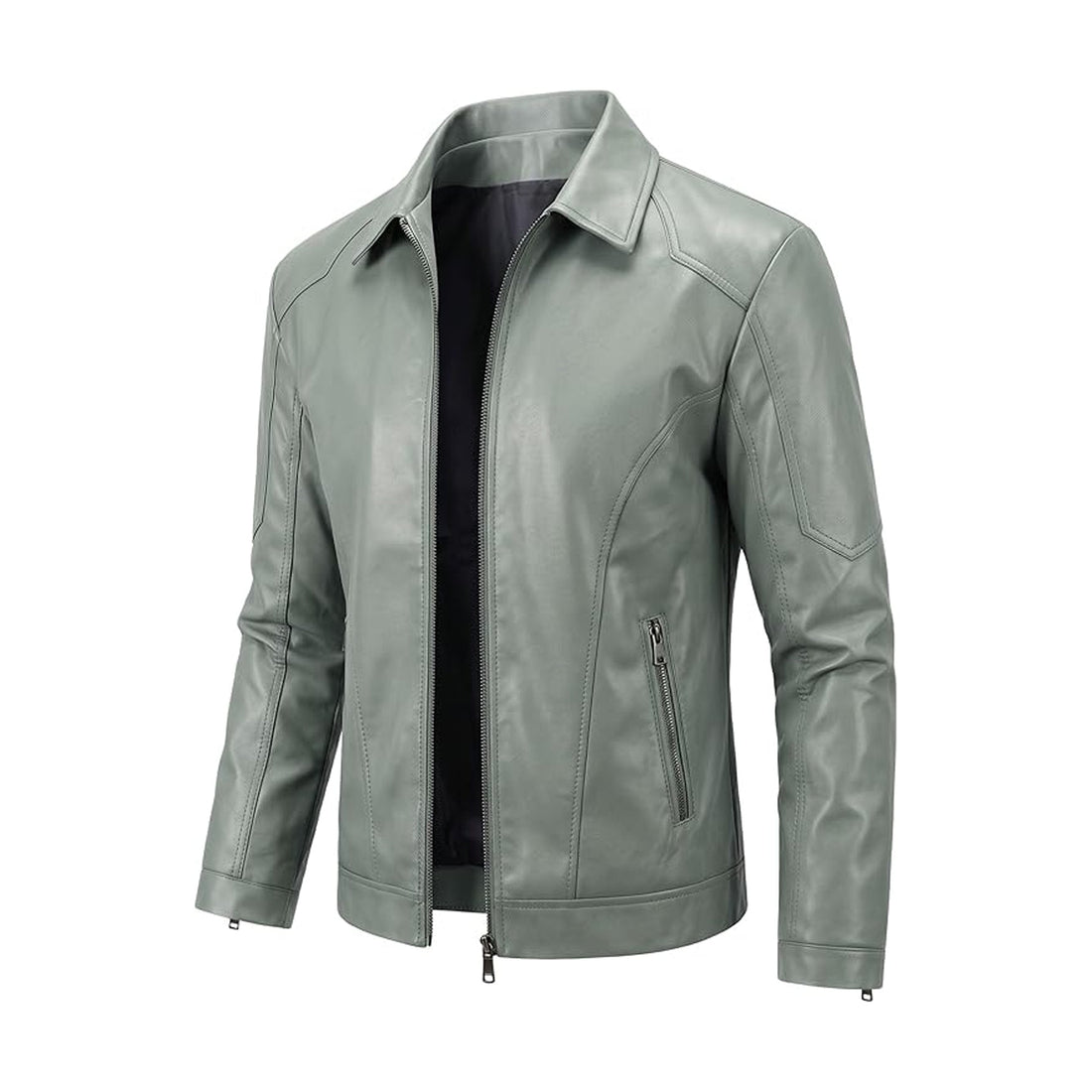 Men's Green Genuine Leather Jacket | Motorcycle Biker Coat with Turn-Down Collar Zip-Up Casual Outwear