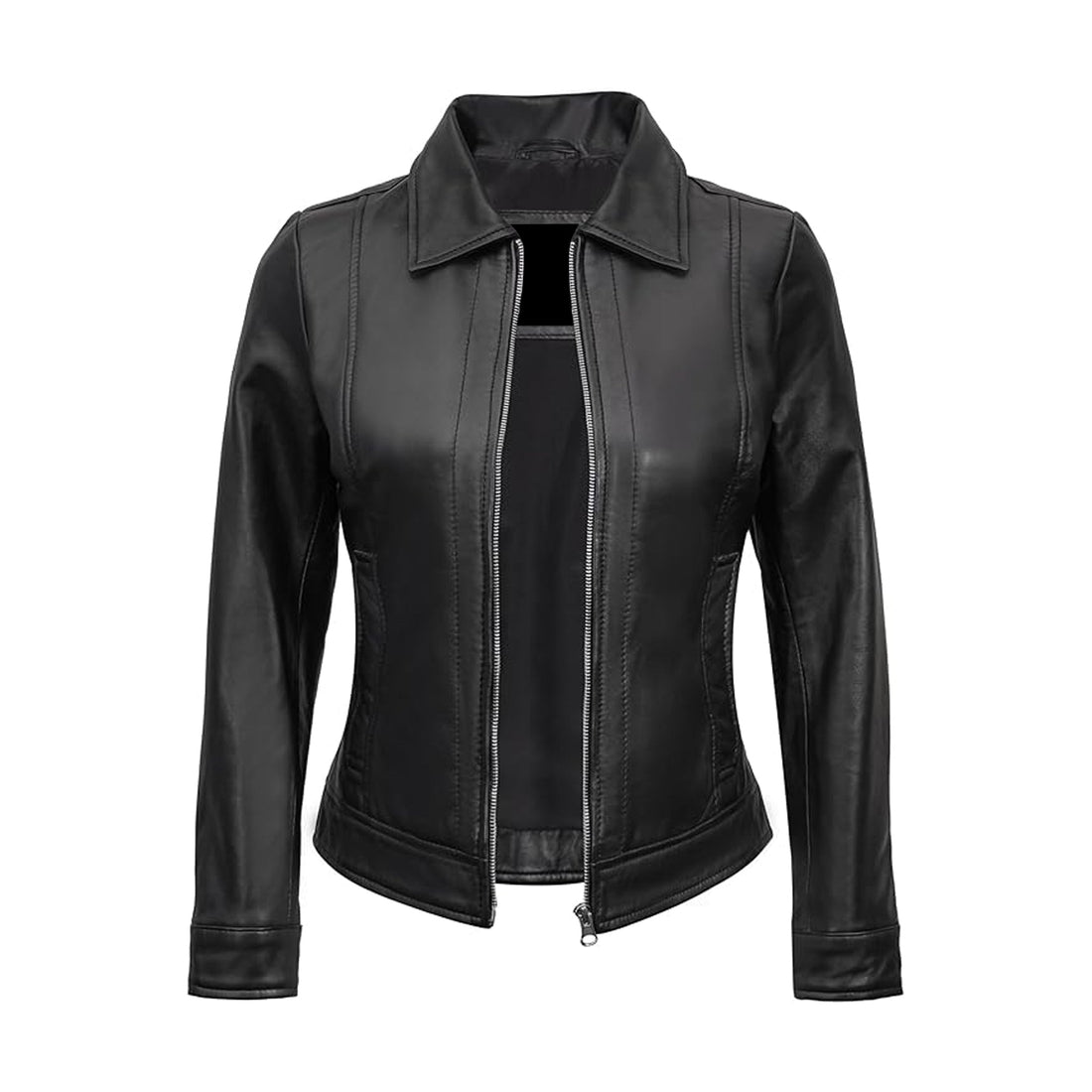 Women's Black Cafe Racer Down Collar Lambskin Leather Jacket