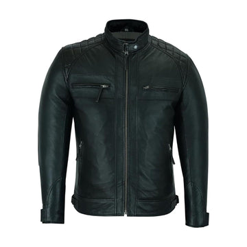 Men's Cafe Racer Gatsby Black Waxed Lambskin Motorcycle Leather Jacket