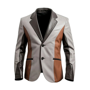 Men's Grey and Brown Sheepskin Men's leather jacket Lightweight Blazer Button Up with Notched Lapel Collar