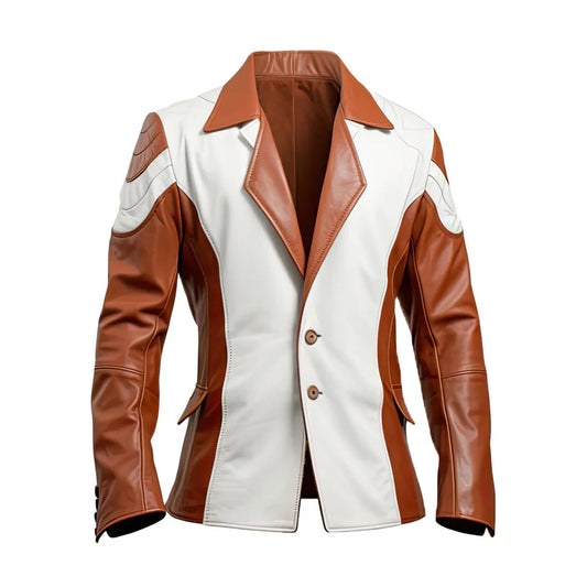 Men's Brown and White Leather Blazer with Notch Lapel Collar Back Belt Brown and white blazer