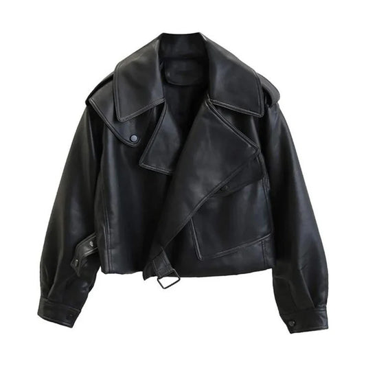 Women's Lambskin Leather Motorcycle Jacket Cropped Oversized