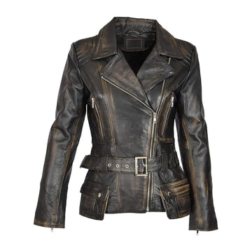Vintage Women Cafe Racer Black Distressed Biker Real Leather Motorcycle Jacket