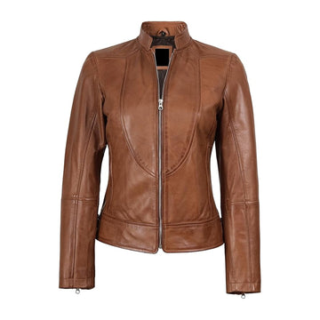 Women's Tan Brown Lambskin Leather Cafe Racer Jacket
